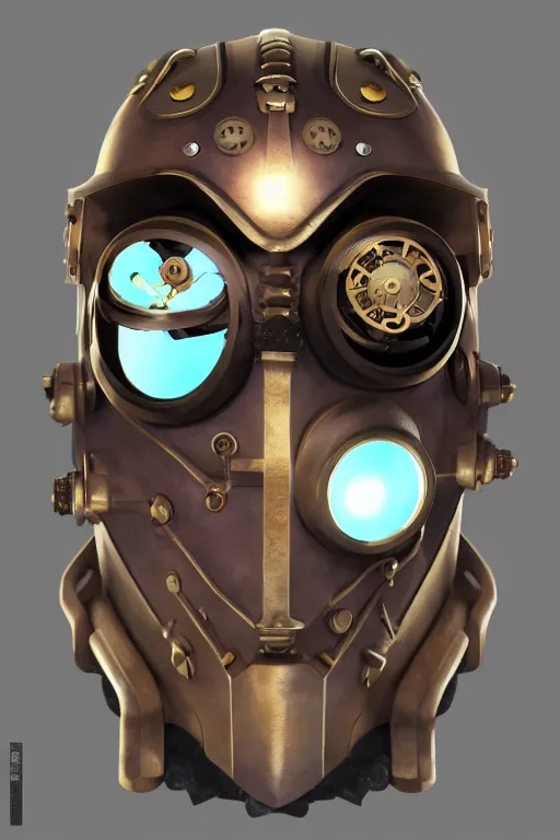 Image similar to steampunk mask minimalist fantasy art robot ninja helmet, global illumination ray tracing hdr fanart arstation by sung choi and eric pfeiffer and gabriel garza and casper konefal radiating a glowing aura