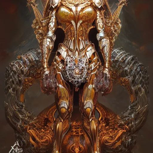 Image similar to a beautiful symmetrical muscular body wearing an armor made of golden ornaments and gems by alex gray and android jones , Karol Bak, Ayami Kojima, Amano , concept art, character design, fantasy,3D, 8k resolution