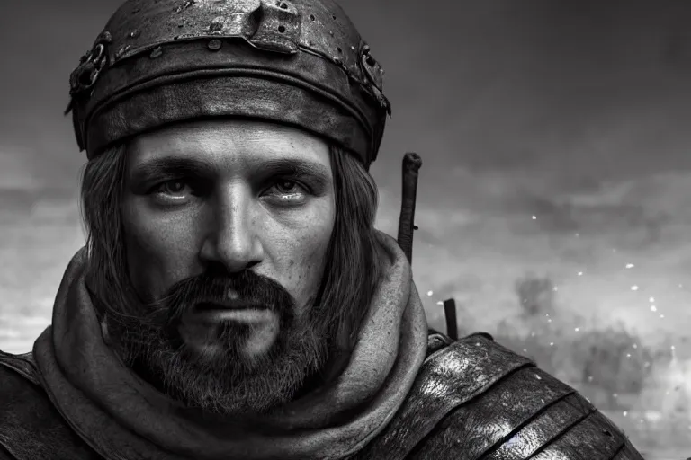 Image similar to still photo of medieval age man looking at the camera in a battlefield, black and white color aesthetic, highly detailed, photorealistic portrait, bright studio setting, studio lighting, crisp quality and light reflections, unreal engine 5 quality render