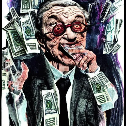 Image similar to George Soros full body shot, dollar bills Body horror, biopunk, by Ralph Steadman, Francis Bacon, Hunter S Thompson