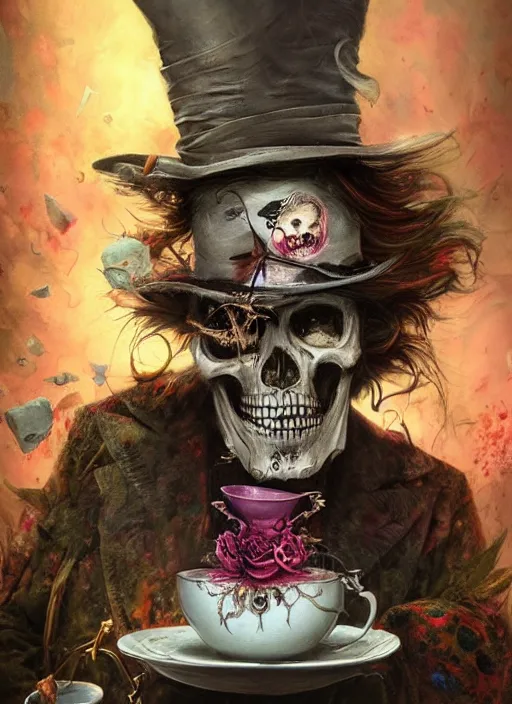 Image similar to Mad Hatter on a tea party,Death Tarot card,highly detailed,half skull face,cinematic,8k,by Stanley Artgermm,Tom Bagshaw,Greg Rutkowski,Carne Griffiths, Ayami Kojima, Beksinski, Giger,trending on DeviantArt,hyper detailed,horror, full of colour