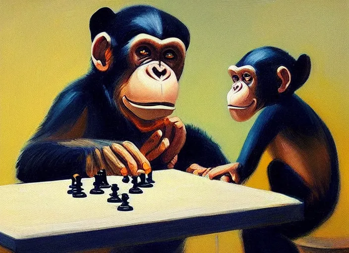 Prompt: a very very beautiful painting of a chimp playing chess in the style of edward hopper