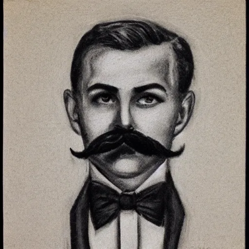 Image similar to charcoal portrait of an early 20th century occult detective mustache, bow tie