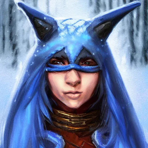 Prompt: snow bandit from ‘ icewind dale ’ with a bright blue gem mask, ‘ icewind dale 2 ’ profile portrait by ‘ justin sweet ’, falling snow, soft focus, illustration, oil paint, artstation