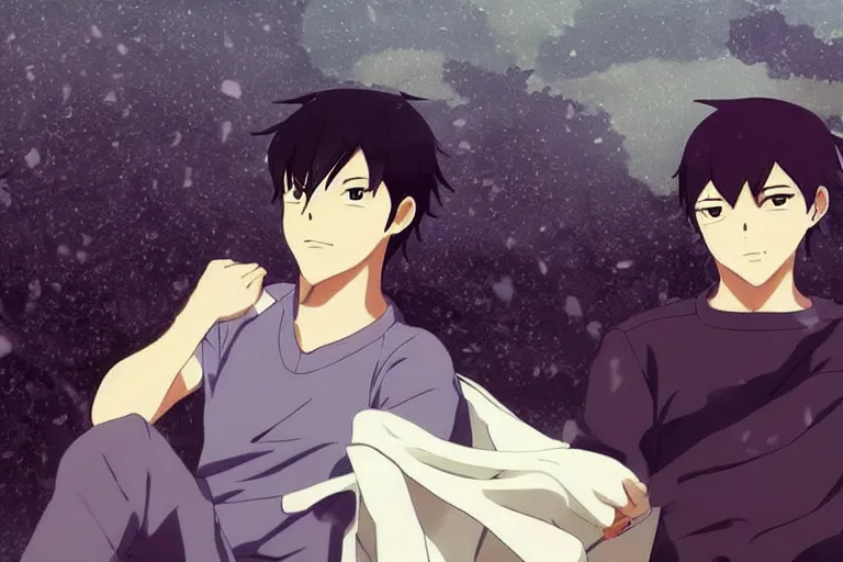 Image similar to Two handsome anime guys, one with black hair and the other with loess hair, Makoto Shinkai, rainy day
