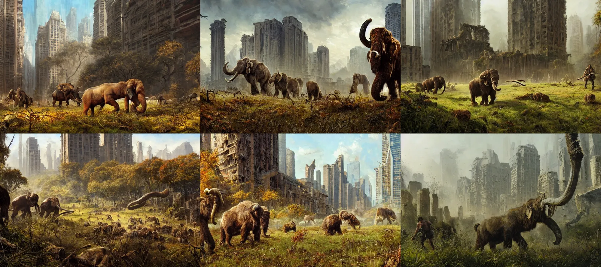 Prompt: epic scene of prehistoric hunter gatherers hunting wooly mammoth in ancient ruins of decayed skyscrapers, overgrown with vegetation, grass, trees, autumn season, clear and beautiful sunny weather, epic feels, high details, oil painting by greg rutkowski and craig mullins, 8 k