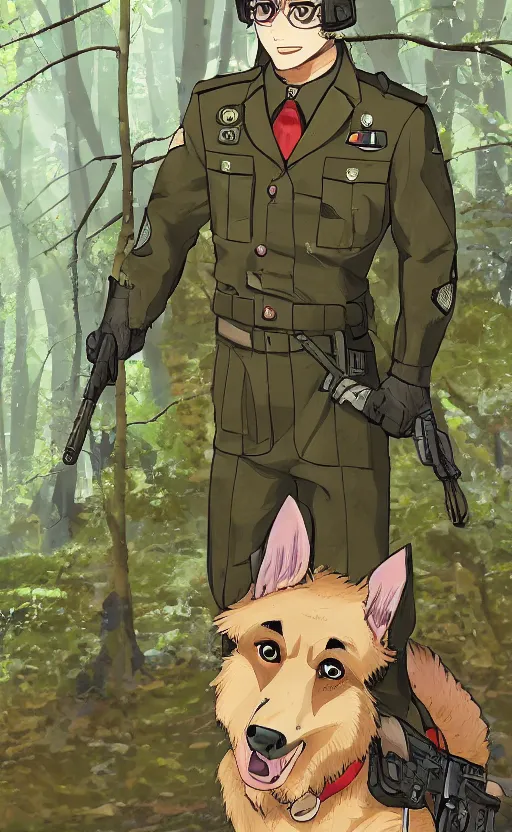 Image similar to close up character portrait icon of the german shepard military uniform head animal person fursona wearing clothes standing in the bright forest, hidari, color page, tankoban, 4 k, tone mapping, akihiko yoshida