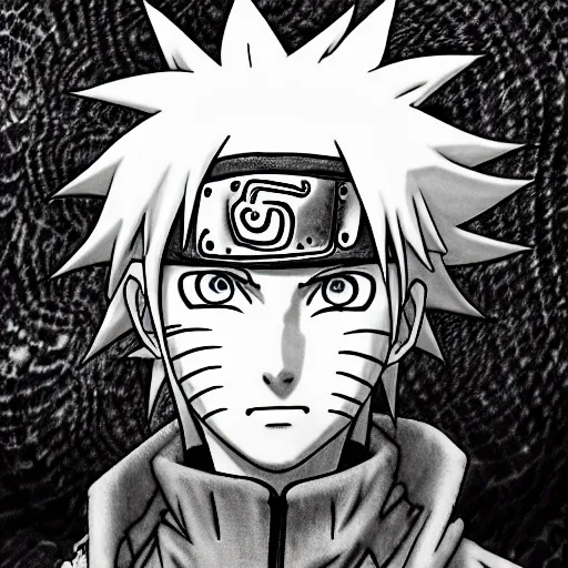 side close up portrait of Naruto wearing black and white ninja s