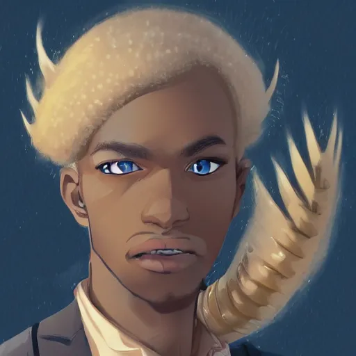 Prompt: african american man with blue eyes, blonde hair, horns, wearing steampunk attire, highly detailed, digital painting, artstation, matte, by makoto shinkai, animation style