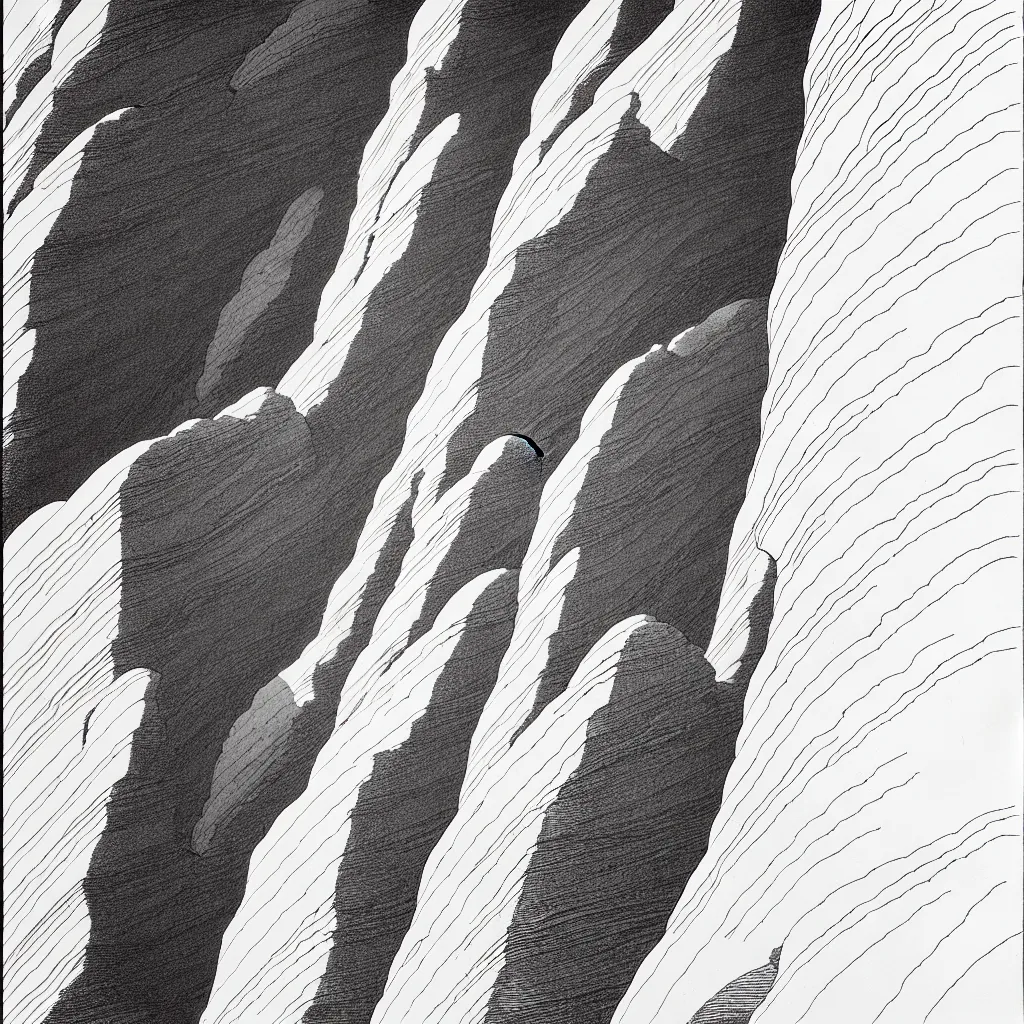 Image similar to slot canyons by moebius, minimalist ink drawing with long lines