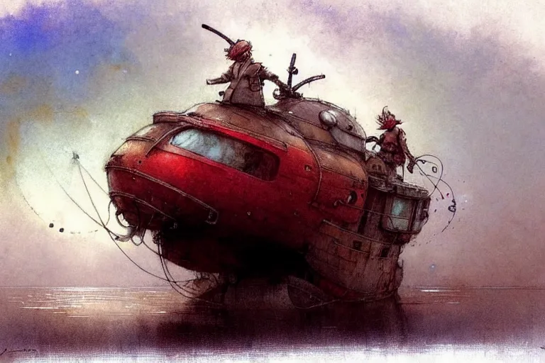 Image similar to adventurer ( ( ( ( ( 1 9 5 0 s retro future robot android mouse house boat tug boat calm stream. muted colors. ) ) ) ) ) by jean baptiste monge!!!!!!!!!!!!!!!!!!!!!!!!! chrome red