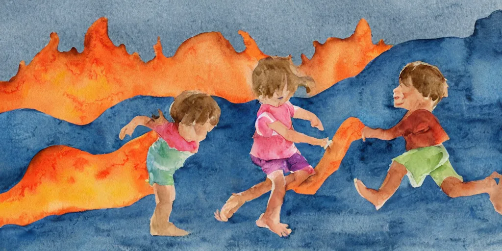 Prompt: watercolor illustration of kids playing in lava