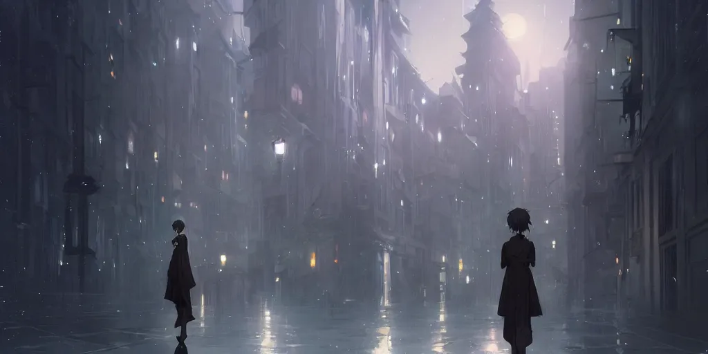 Image similar to anime kyoto animation key by greg rutkowski night, single white hair girl in night city