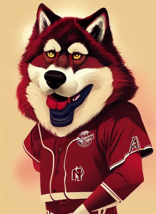 Prompt: commissioned full body portrait of a male anthro aslakan malamute with red fur playing baseball in a baseball stadium wearing a baseball uniform, by Kilian Eng, by Sandra Chevrier, trending on artstation