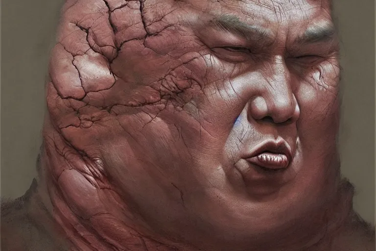 Image similar to Kim Jong-un face with body of rotten worm, dark fantasy, intricate, highly detailed, smooth, artstation, painted by Wayne Barlowe, Greg Rutkowski, zdislav beksinski, Francis Bacon