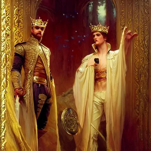 Image similar to attractive fully clothed king confesses his love for his attractive fully clothed male prince. highly detailed painting by gaston bussiere, tom bagshaw, j. c. leyendecker