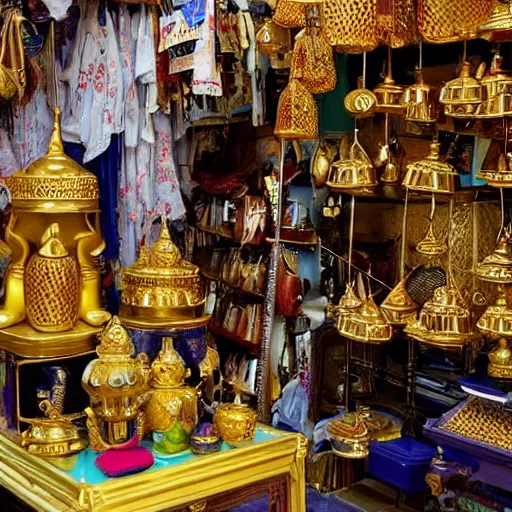 Image similar to a bazaar shop full of golden items, with a genie peeking out of a back room