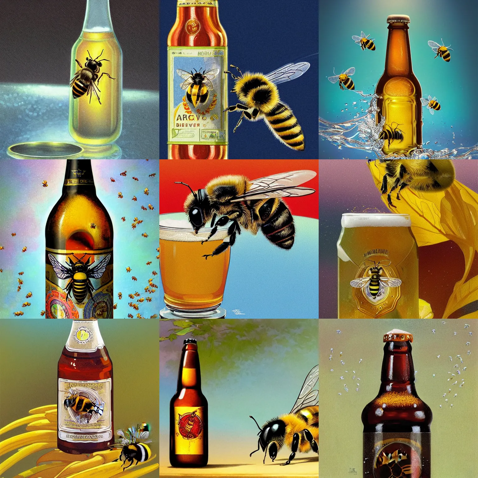 Prompt: a bee bathing in a bottle of beer, very colourful, highly detailed, artstation, smooth, sharp focus, bright, happy, illustration, art by Artgerm and Greg Rutkowski and Alphonse Mucha and Yuumei, good clear quality, lighting, biology, symmetrical artwork, perfect face, 135 mm, cinematic, hyper realism, glittering ice, dark, moonlight, high detail, octane render, 8k, crimson highlights