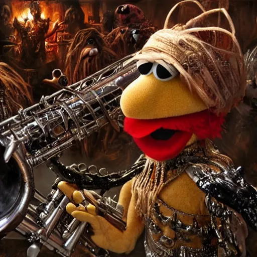 Image similar to muppets king of hell hell with trumpeters, intricate detail, royo, vallejo, frazetta, giger, whealan, hd, unreal engine,