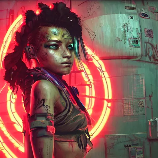 Image similar to highly detailed portrait of a post-cyberpunk south african young lady by Akihiko Yoshida, Greg Tocchini, 4k resolution, mad max inspired, wild neon color scheme with south african symbols and graffiti