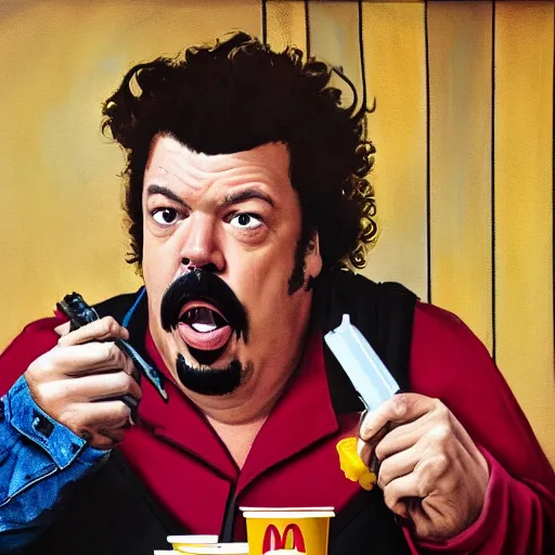 Prompt: danny mcbride robbing a mcdonald's at gunpoint, realism, 4 k,