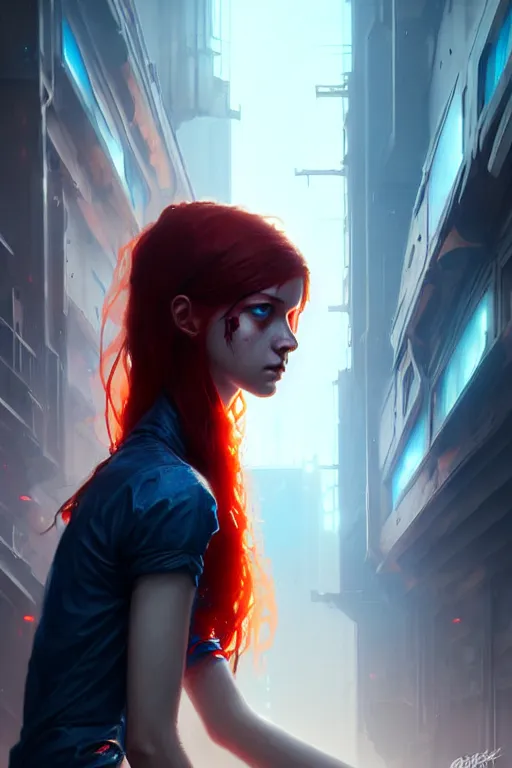 Prompt: a young tall, slender girl, with fiery red hair and bright blue eyes, hyperrealistic face, beautiful eyes, fantasy art, in the style of greg rutkowski, intricate, hyperdetalized, smooth, cyberpunk, tech