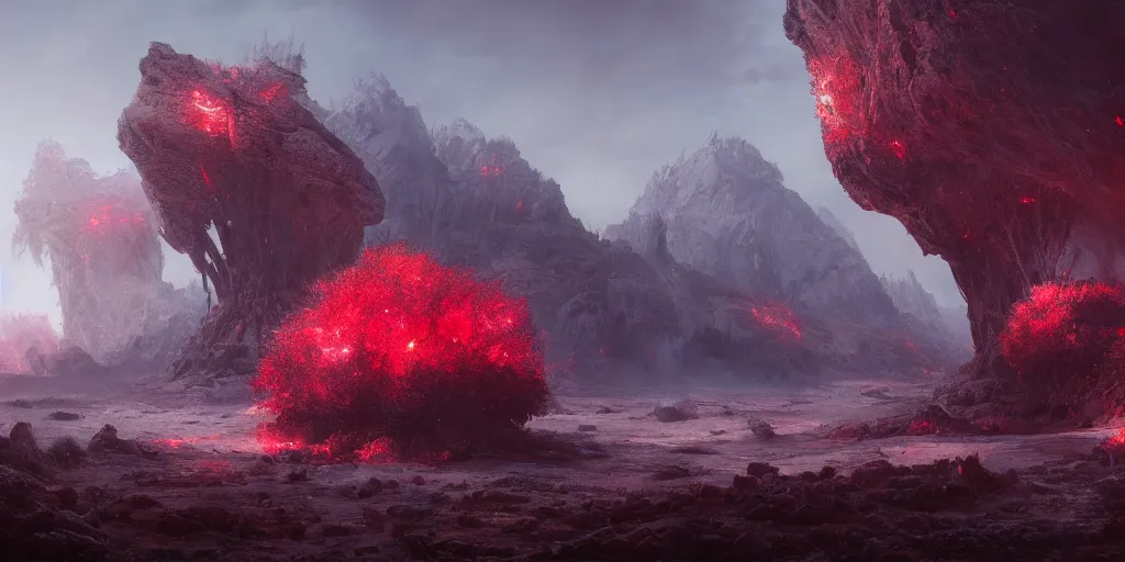 Prompt: a epic landscape full of big red crystals emerging from the ground, concept art, octane render, unreal engine 5, trending on artstation, greg rutkowski, hyperrealistic, highly detailed, high quality, 8 k, dramatic lighting, cinematic, high coherence, high contrast, digital art, high definition, path traced, night