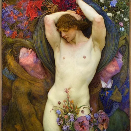 Image similar to the flower prince is dying, by Annie Swynnerton and Diego Rivera and Elihu Vedder, symbolist, dramatic lighting, elaborate geometric ornament, Art Brut, soft cool colors,smooth, sharp focus, extremely detailed, Adolf Wölfli and Donato Giancola