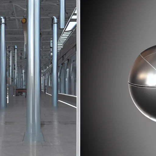 Image similar to big metallic capsule connected to pipelines, purpose is pump, standing in large industrial hall, designed by best engineers, raytracing, reflections