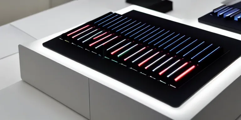 Prompt: dezeen showroom , minimalissimo, archdaily, , teenage engineering moad, mother of all decks, product design concept,product shot of moog melotron synthesizer designed with ipad ambient gradient screens by jony ives, dieter rams, 8k, highly detailed photo