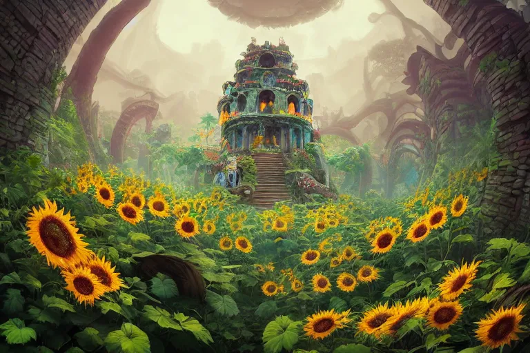 Image similar to Spiral temple, overgrown by sunflowers, fisheye by Quentin Mabille and Andreas Rocha and Raphael Lacoste, ruby skull, emerald refraction, rubies, overcast, fog, diamonds, unreal engine, trending on artstation