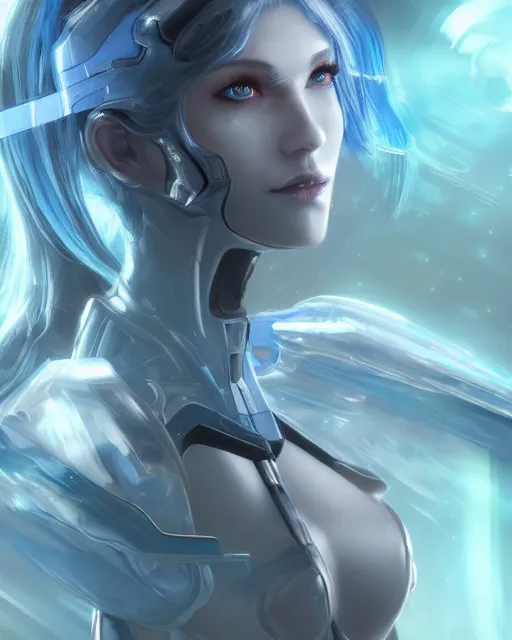 Image similar to perfect android girl on a mothership, warframe armor, beautiful face, scifi, futuristic, galaxy, nebula, raytracing, dreamy, long white hair, blue cyborg eyes, sharp focus, cinematic lighting, highly detailed, artstation, divine, by gauthier leblanc, kazuya takahashi, huifeng huang