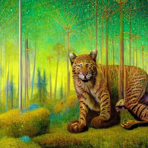 Image similar to psychedelic big cats lush pine forest, outer space, milky way, designed by arnold bocklin, jules bastien - lepage, tarsila do amaral, wayne barlowe and gustave baumann, cheval michael, trending on artstation, star, sharp focus, colorful refracted sparkles and lines, soft light, 8 k 4 k