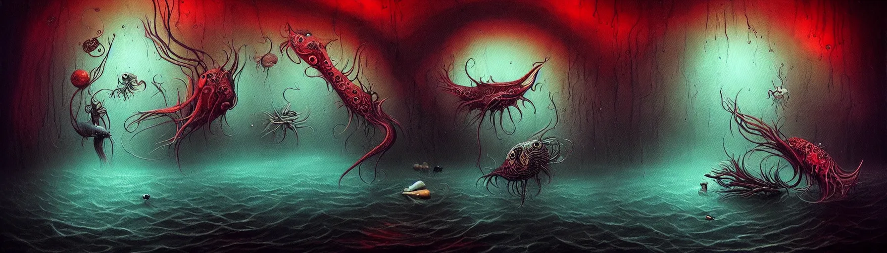 Prompt: whimsical strange small sea creatures from the depths of the imaginal realm, dark eerie dramatic lighting, detailed and atmospheric surreal darkly colorful painting by ronny khalil