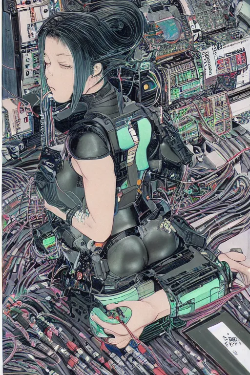 Prompt: an hyper-detailed cyberpunk illustration of a coherent female android seated on the floor in a tech labor, seen from the side with her body open showing cables and wires coming out, by masamune shirow, and katsuhiro otomo, japan, 1980s, centered, colorful