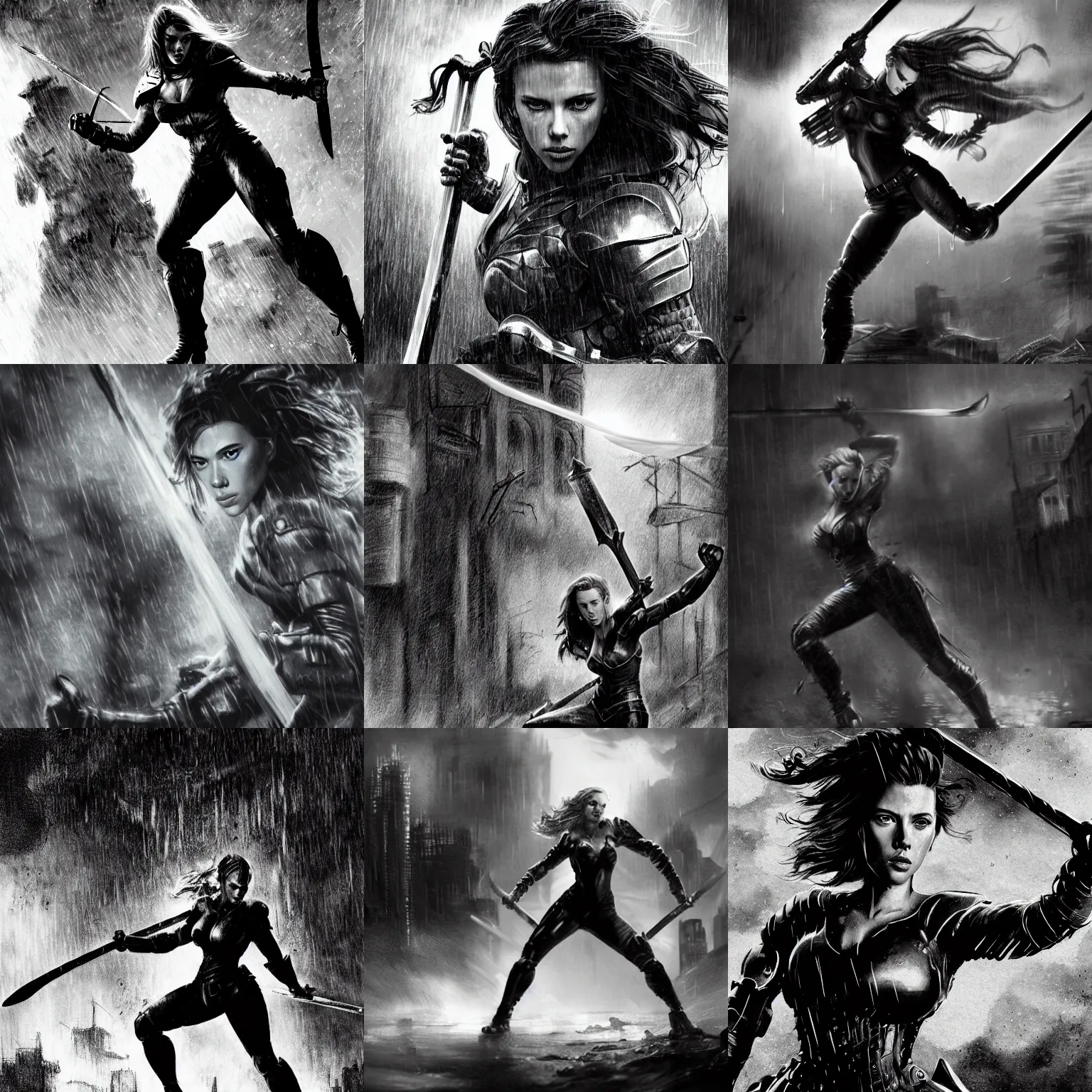 Prompt: black and white scarlett johansson wearing rain soaked armour in the pouring rain, swinging a sword in frank frazetta style, pencil and ink, full body action pose, dynamic lighting in a post apocalyptic city, at night with dramatic moonlight, drawn with added movement effects, cinematic effects vfx, dynamic pose, dynamic angle