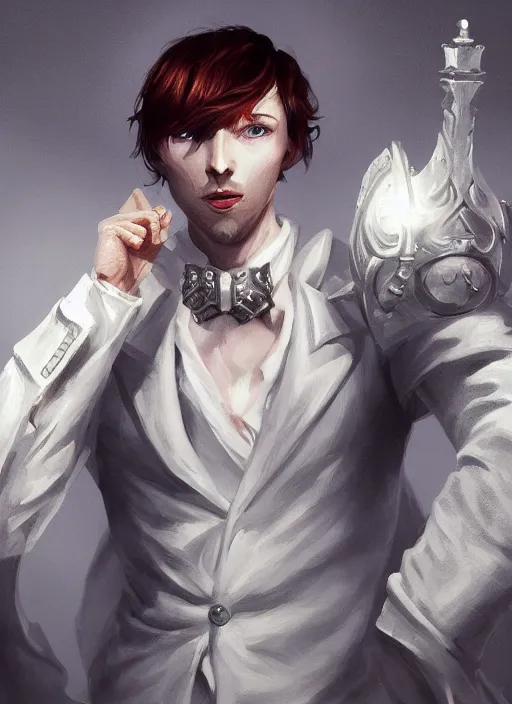 Image similar to a highly detailed illustration of short ginger haired man wearing white suit, dramatic holding chess piece pose, summoning demon girl, intricate, elegant, highly detailed, centered, digital painting, artstation, concept art, smooth, sharp focus, league of legends concept art, WLOP