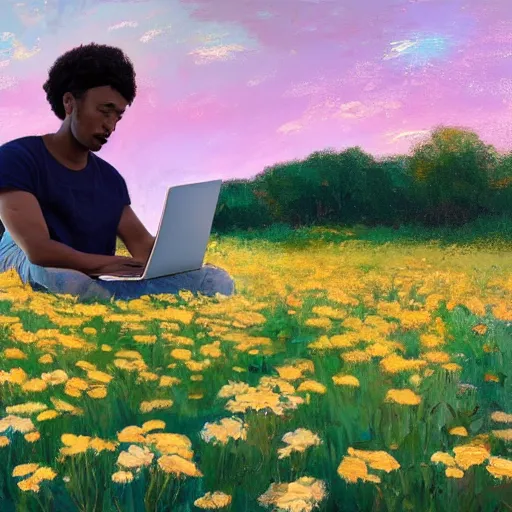 Image similar to a lightskin black man with short hair in a vast field of flowers, using a macbook laptop, wide shot, golden hour, vintage, impressionist painting, fine art, oil painting, dreamy, pastel, happy, intricate details, sharp, peaceful, serene