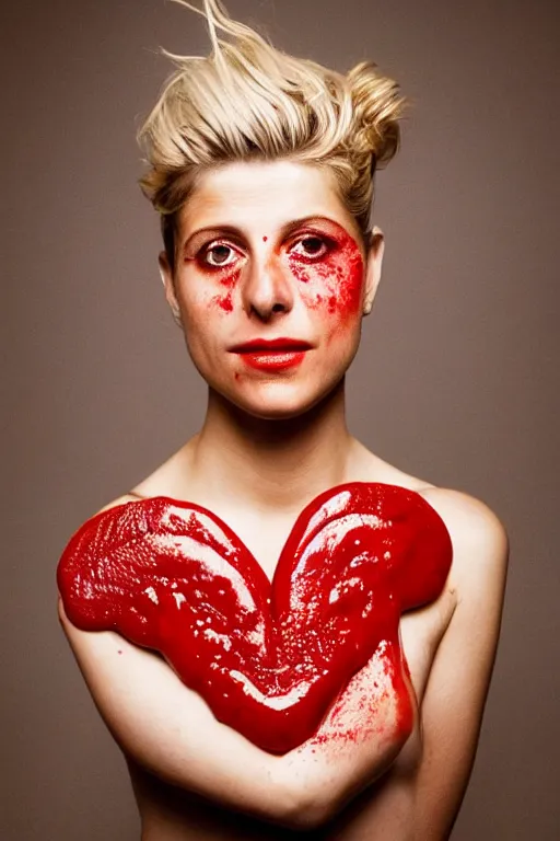 Image similar to melanie laurent made out of ketchup, ketchup in the shape of a human being, professional food photography