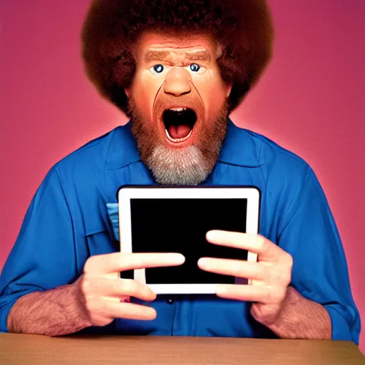 Prompt: angry bob ross screaming at his tablet