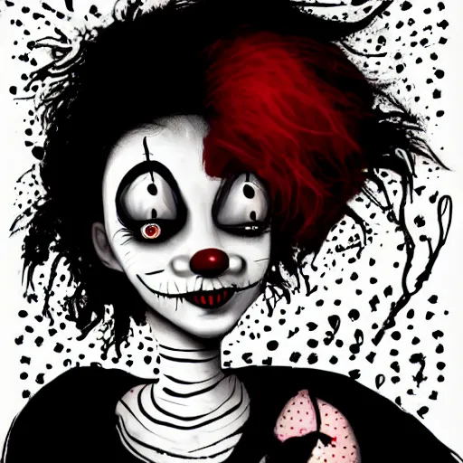 Prompt: clown girl in the style of Tim Burton, black and white