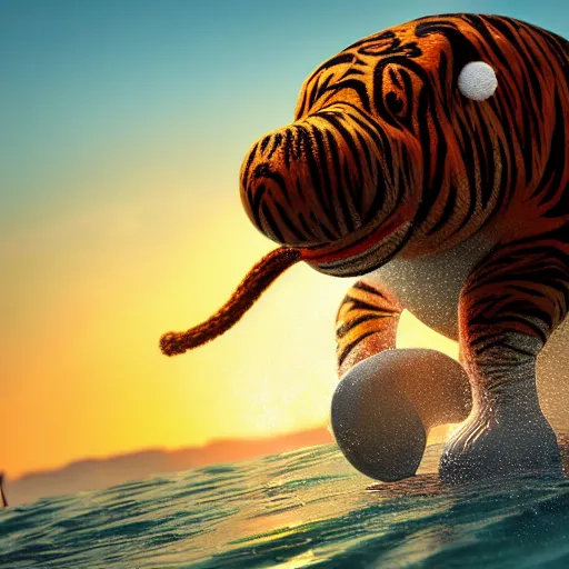 Image similar to a closeup photorealistic photograph of a cute smiling knitted tiger hippopotamus chasing a beachball at sunset. surf in the background. professional capture. this 4 k hd image is trending on artstation, featured on behance, well - rendered, extra crisp, features intricate detail, epic composition and the style of unreal engine.