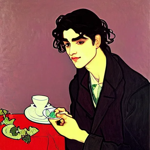 Prompt: painting of young handsome beautiful dark medium wavy hair man in his 2 0 s named shadow taehyung at the cucumber and cranberry soup party with tiny teacup, elegant, clear, painting, stylized, delicate, soft facial features, soft, gorgeous, art, art by alphonse mucha, vincent van gogh, egon schiele