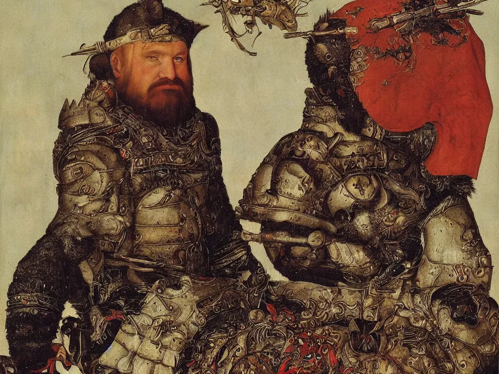 Image similar to portrait of man in siberian bear - hunting armor. painting by lucas cranach