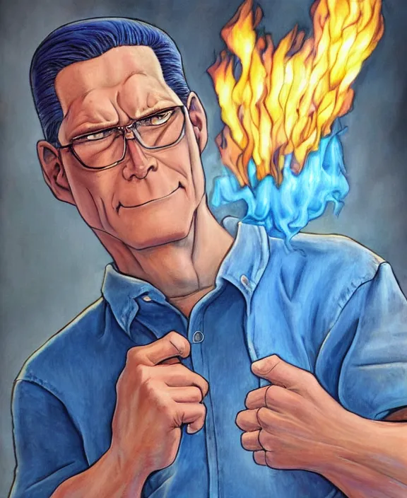 Prompt: hank hill wearing bluejeans and white tshirt, the god of propane, blue flames, magic realism, art by mike judge, art by josephine wall, art by huang guangjian, art by viktoria gavrilenko, art by amanda sage, trending on artstation