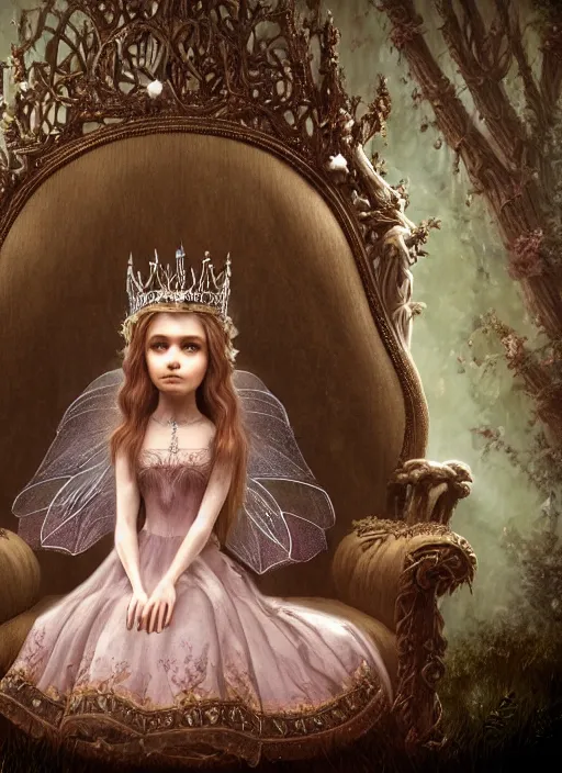 Image similar to highly detailed closeup, simple hand gestures, portrait of a gothic fairy princess wearing a crown and sitting on a throne, unreal engine, nicoletta ceccoli, mark ryden, earl norem, lostfish, global illumination, god rays, detailed and intricate environment