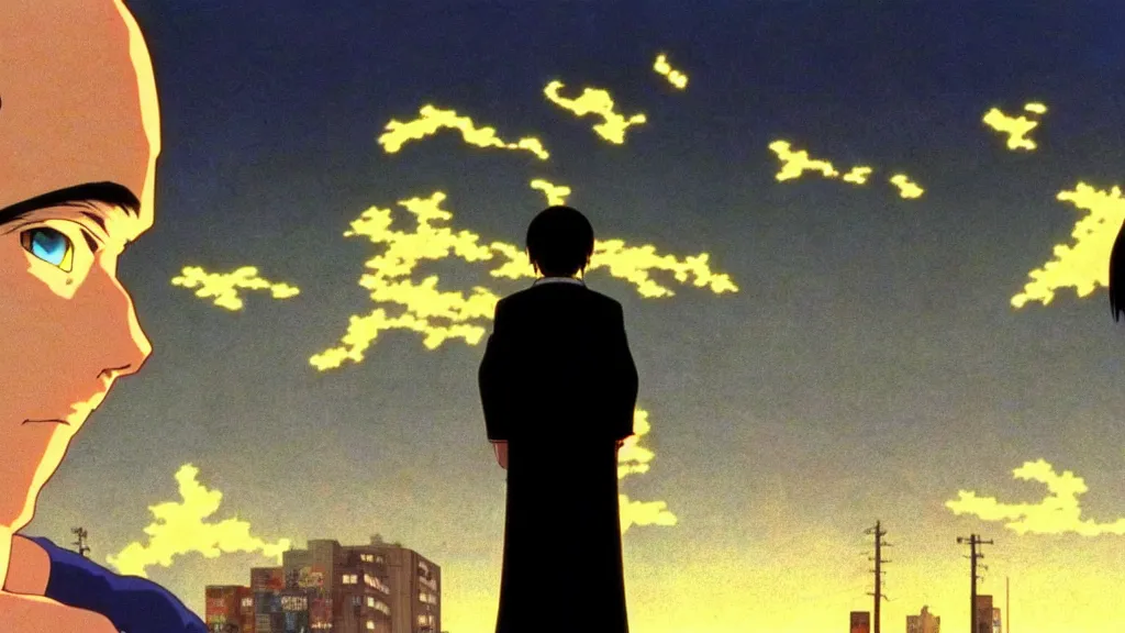 Image similar to god waits in front of volumetric light, anime film still from the an anime directed by katsuhiro otomo with art direction by salvador dali, wide lens