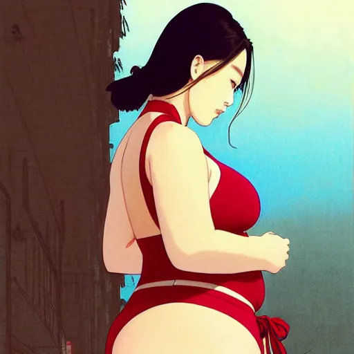 Image similar to a beautiful plus sized model japanese natalie portman, alluring plus sized model, wearing mayan leotard with elegant mayan apron overalls, street fashion hip hop style with mayan patterns, aztec street fashion, gapmoe yandere grimdark, trending on pixiv fanbox, painted by greg rutkowski makoto shinkai takashi takeuchi studio ghibli, akihiko yoshida