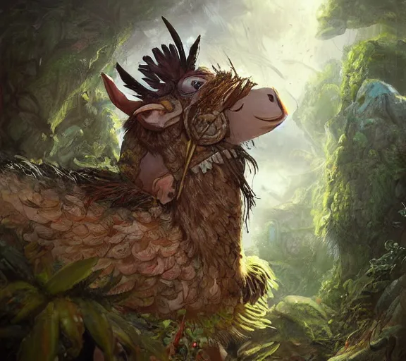 Prompt: dungeons and dragons fantasy painting, portrait, a feathered mouse cavalry, whimsical and cute, aztec, mayan, determined expressions, watery eyes, anime inspired, face paint, tufty whiskers, in the jungle, feathered llama cavalry, by brain froud jessica rossier and greg rutkowski