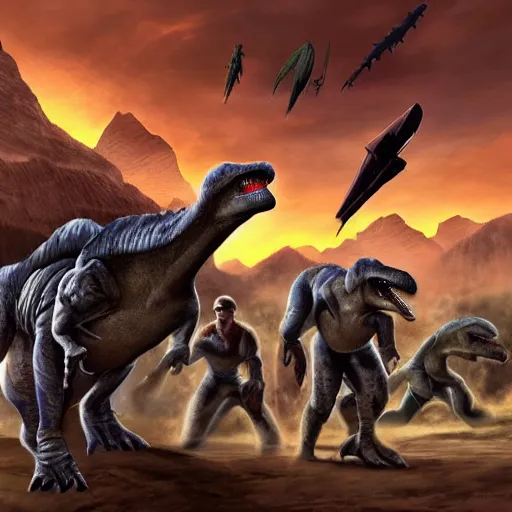 Image similar to dinoasaurs vs Elites from halo, large battle, fantasy